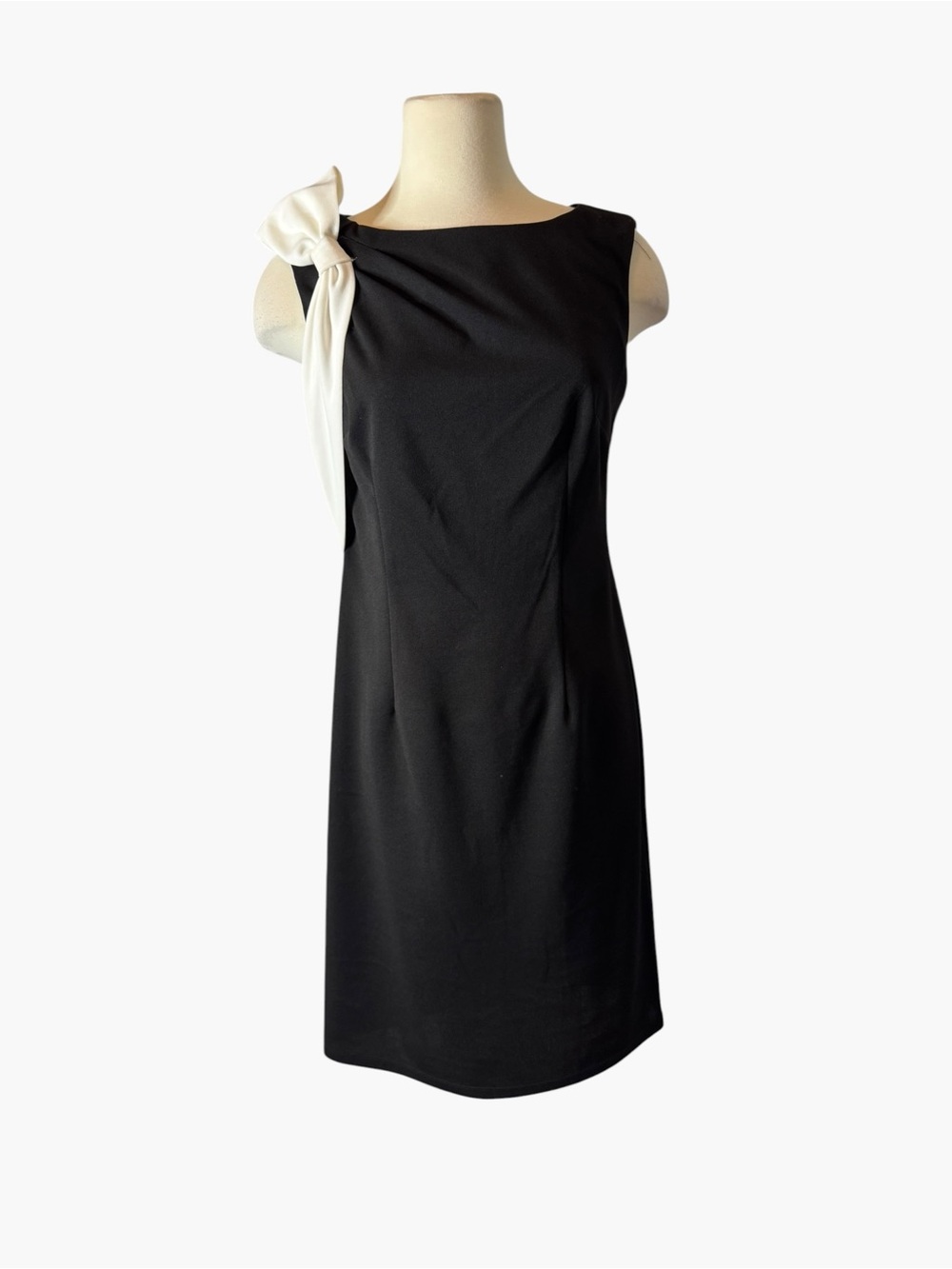 SLNY Black Midi Sheath Dress with White Shoulder Bow